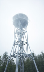 Mountain observation tower in forest on a foggy day.