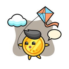 Medal mascot illustration is playing kite