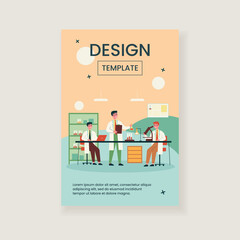 Scientists doing medical research in lab. Group of students and teacher conducting chemical experiment in laboratory. Vector illustration for science, medicine, chemistry concept