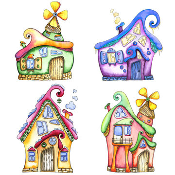Handpainted watercolor fabulous houses
