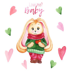 Handpainted watercolor rabbit with heart