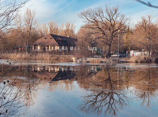 
in winter at sunset on the lake in ingolstadt