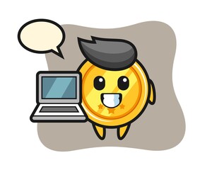 Mascot illustration of medal with a laptop