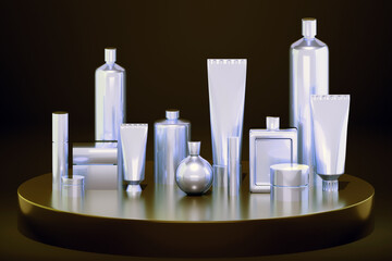 3D rendering realistic mockups bundle of bottles for various cosmetics packaging. Cream, lotion, shampoo, gel, powder, balsam package set  silver