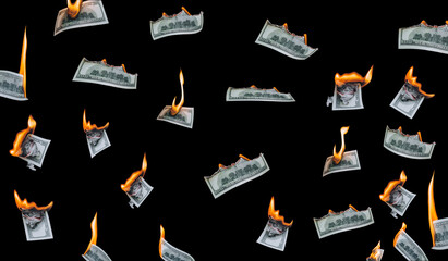 Several 100 dollar bills, falling down, burn on a black background. The concept of bankruptcy,...