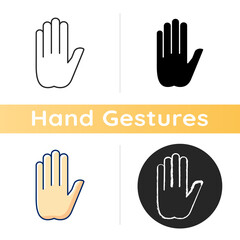 Stop gesture icon. Prohibition of something. Palm of a hand with five fingers. Strict ban on certain action. Rhetorical devices. Linear black and RGB color styles. Isolated vector illustrations