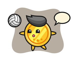 Character cartoon of medal is playing volleyball