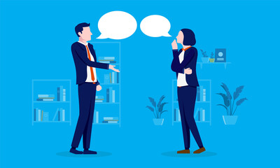 Man and woman conversation - Businessman and businesswoman in office with speech bubbles. Talking and discussion concept. Vector illustration.