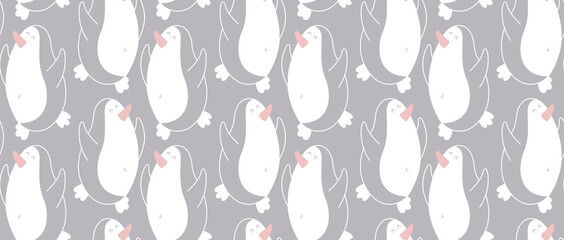 Cute white and gray seamless pattern with dancing penguins. For bedroom of a little boy or girl. For underwear, sliders, T-shirts, bedding, children's and teenage goods and clothing.