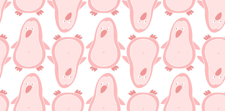 Trendy pink monochrome seamless pattern with funny penguins. For bedroom of a little boy or girl. For underwear, sliders, T-shirts, bedding, children's and teenage goods and clothing.