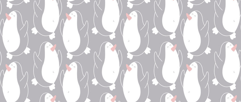 Cute white and gray seamless pattern with dancing penguins. For bedroom of a little boy or girl. For underwear, sliders, T-shirts, bedding, children's and teenage goods and clothing.