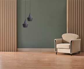 Green room wall background with furniture and lamp design.