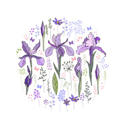 Round template with hand drawn violet irises. Circle made of different flowers and herbs. Floral illustration can be used as spring and summer design template.