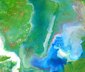 Fototapeta na wymiar Abstract fluid art painting in acrylic paint, mixture of blue, white and green paints. Imitation of ocean. Liquid marble texture design.