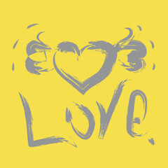 Valentine's Day greeting card with heart and word Love in trending colors 2021 yellow and gray. 