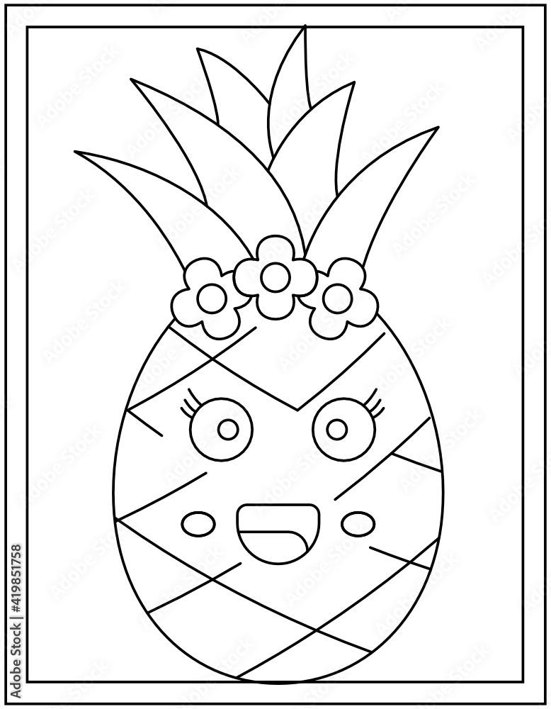 Wall mural cute pineapple fruit, colouring page vector