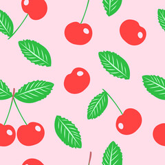 Cherries are red with green leaves. Seamless pattern with sweet cherry berries on a pink background. For printing on fabrics, textiles, paper, decor in the interior. Vector graphics.
