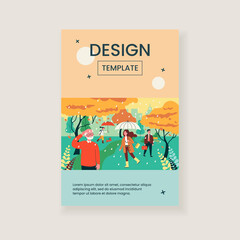 Different people walking in rain. Senior man, businesspeople, child in spring park flat vector illustration. Blooming season, weather concept for banner, website design or landing web page