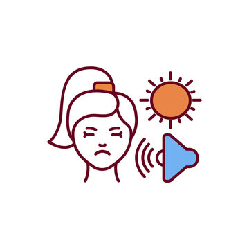 Sensitivity to light and sound RGB color icon. Photophobia. Abnormal light perception in brain. Migraine experience. Hypersensitivity to loudness. Headache disorder. Isolated vector illustration