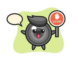 Camera lens character illustration holding a stop sign