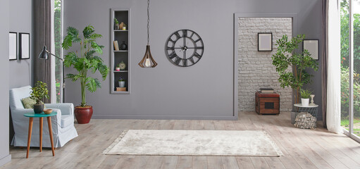 Grey empty room with black clock lamp and niche, carpet style, office style.
