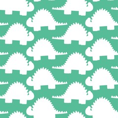 Dinosaurs silhouettes seamless pattern vector. Stegosaurus white shapes on green seamless pattern. Jurassic reptiles two colors pattern. Childish endless texture with cartoon dinos. One of a series