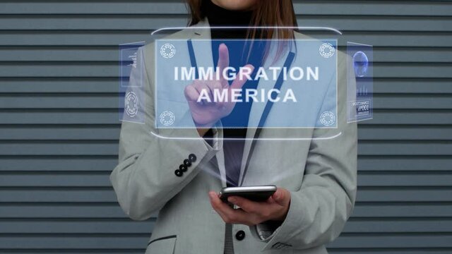Business woman interacts HUD hologram Immigration America