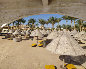 Sandy beach with parasols and sun loungers