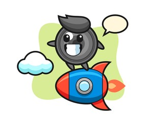 Camera lens mascot character riding a rocket