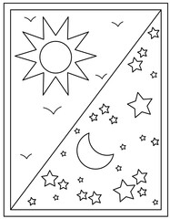 
Day night coloring page vector in hand drawn design 

