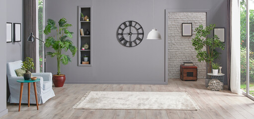 Grey empty room with black clock lamp and niche, carpet style, office style.