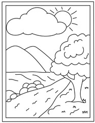 
A landscape in hand drawn colouring page

