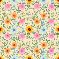 Abstract floral seamless pattern design for fabric textile wallpaper. Colorful flowers, and leaves on a yellow background.