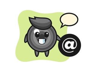 Cartoon illustration of camera lens standing beside the At symbol