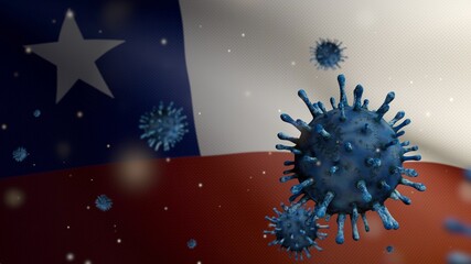 Obraz na płótnie Canvas 3D illustration flu coronavirus float over Chilean flag. Chile pandemic Covid 19