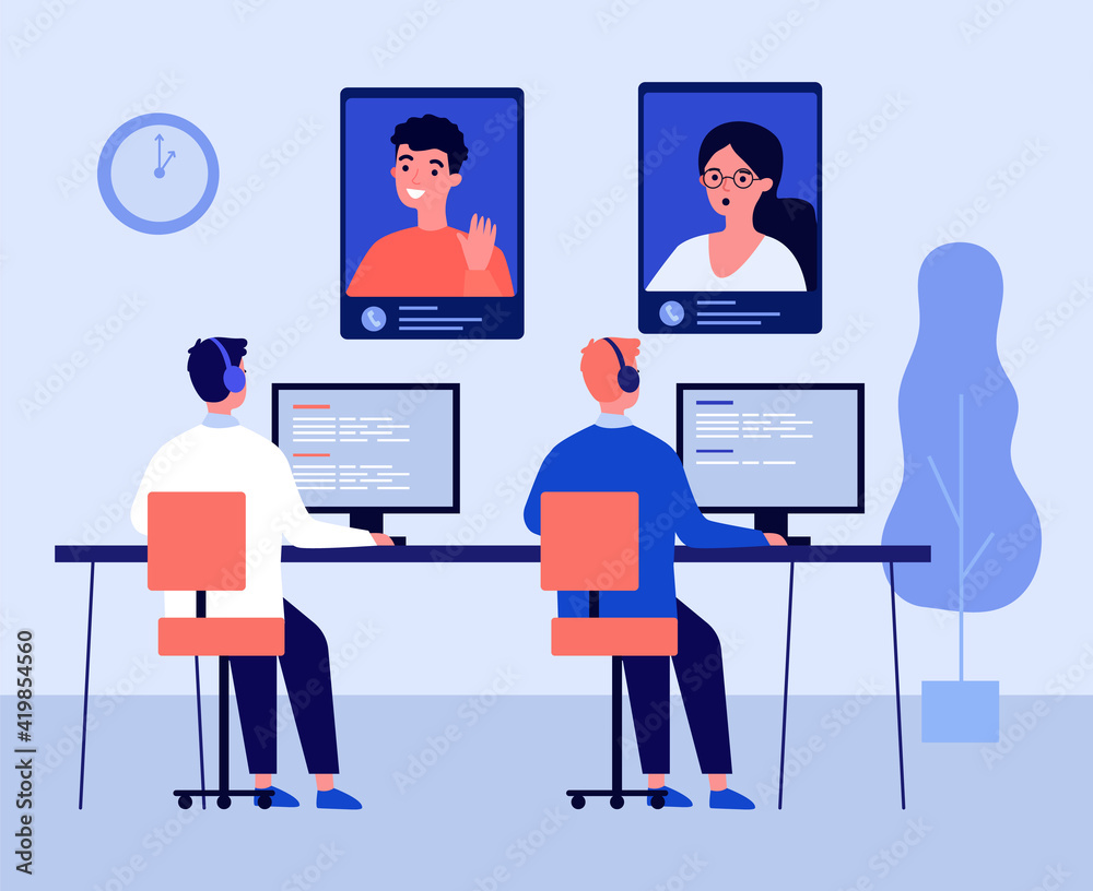 Fototapete office workers using computers and having video calls. developers, business chats. flat vector illus