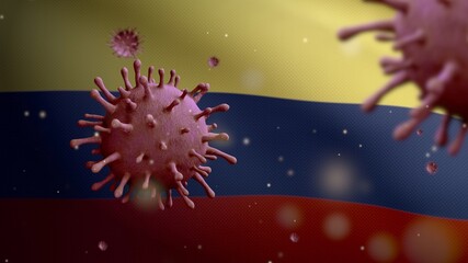 Obraz na płótnie Canvas 3D illustration Flu coronavirus floating over Colombian flag. Colombia Covid 19