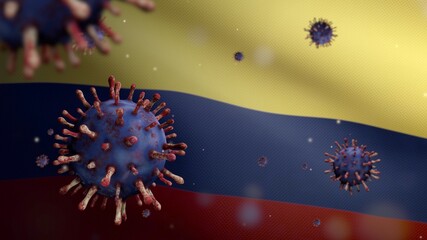 Fototapeta na wymiar 3D illustration Flu coronavirus floating over Colombian flag. Colombia Covid 19