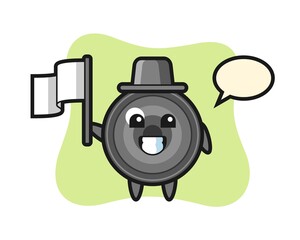 Cartoon character of camera lens holding a flag