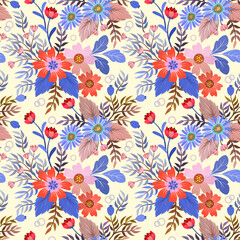 Fototapeta na wymiar Abstract floral seamless pattern design for fabric textile wallpaper. Colorful flowers, and leaves on a yellow background.
