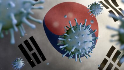 3D illustration Korean flag with Coronavirus outbreak. Covid 19 South Korea