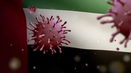 3D illustration United Arab Emirates flag waving with Coronavirus. Covid 19 UAE