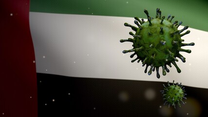 3D illustration Coronavirus floating over United Arab Emirates flag. UAE Covid19