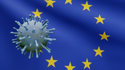 3D illustration Flu coronavirus over European Union flag. Covid 19 at Europe