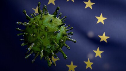 Fototapeta premium 3D illustration Flu coronavirus over European Union flag. Covid 19 at Europe