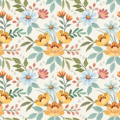 Abstract floral seamless pattern design for fabric textile wallpaper. Colorful flowers, and leaves on a yellow background.
