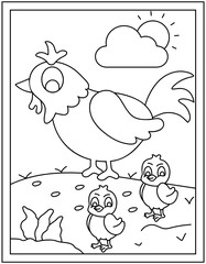 
Cock with cute chickens, colouring page vector

