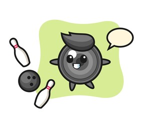 Character cartoon of camera lens is playing bowling