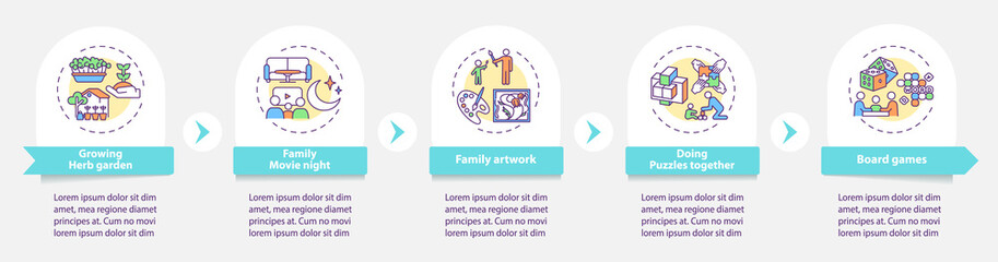 Indoor family activities vector infographic template. Family movie night presentation design elements. Data visualization with 5 steps. Process timeline chart. Workflow layout with linear icons