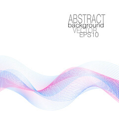 Blue, pink flowing waves. Multicolored curved lines. Dynamic waveform of soft gradient. Airy line art design. Flying glowing veil, undulating lines. Vector abstract pattern. White background. EPS10
